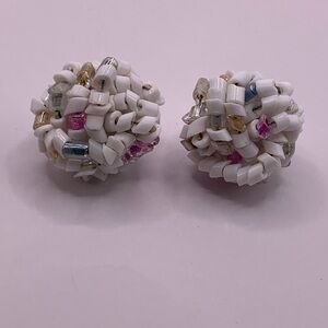 Vintage White Seed Bead Cluster Clip-On Earrings Colorful Glass Accents